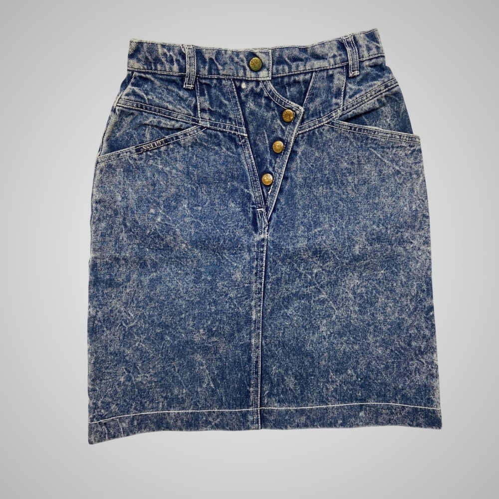 Vintage Guess Acid Wash Denim Mini Skirt High Waisted Asymmetrical Button Fly 26